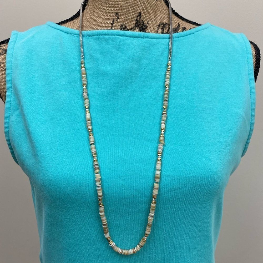 Tan, gold, and cream‎ long bead and shell necklace